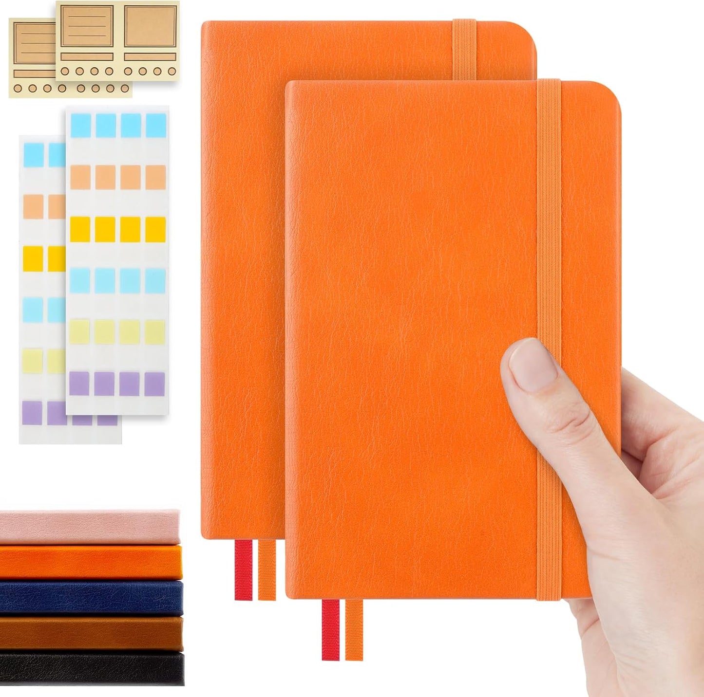 Pocket Dotted Notebook, 2-Pack Dot Grid Notebook, Dotted Journal with Stickers, 3.5" x 5.5" Hardcover, Small Mini A6 size, 160 Pages, 100 gsm Thick Paper, Cognac Brown