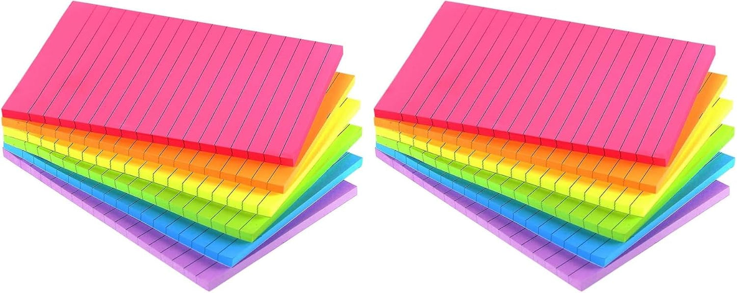 Lined Sticky Notes 4X6 in Bright Ruled Stickies Colorful Super Sticking Power Memo Pads, 45 Sheets/pad, 6 Pads/Pack