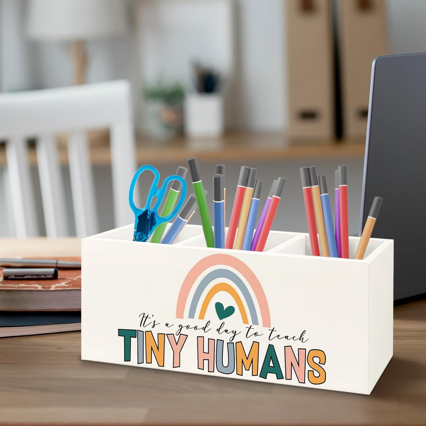 Teacher Appreciation Gifts, Boho Rainbow Teacher Wooden Pen Pencil Holder for Office Desk, Back to School Supplies Gifts for Teachers, It's a Good Day to Teach Tiny Humans