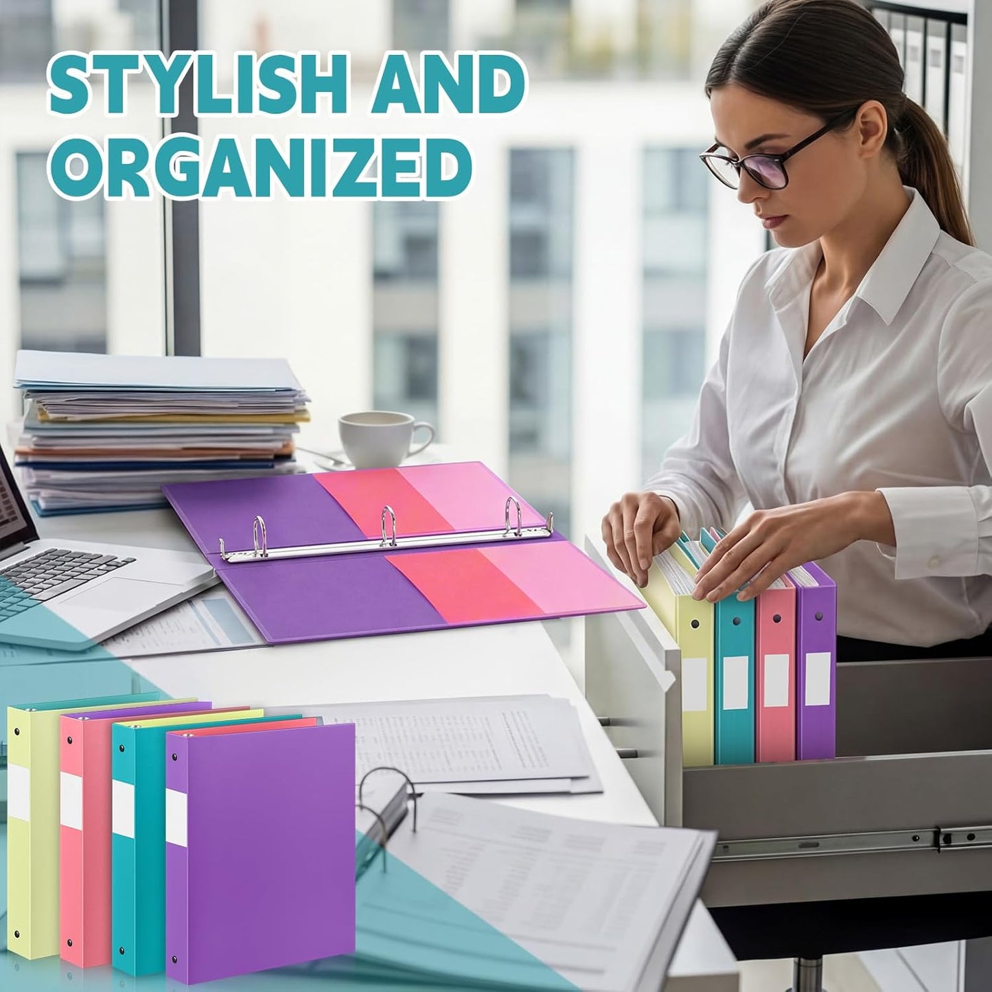 Henoyso 4 Pack Plastic Two-Tone View 3 Ring Binder, 1 Inch Round Ring Binder with Four Inner Pockets, Heavy Duty View Binders for School and Office, Pink, Teal, Purple and Lime (Clear Font Pocket)