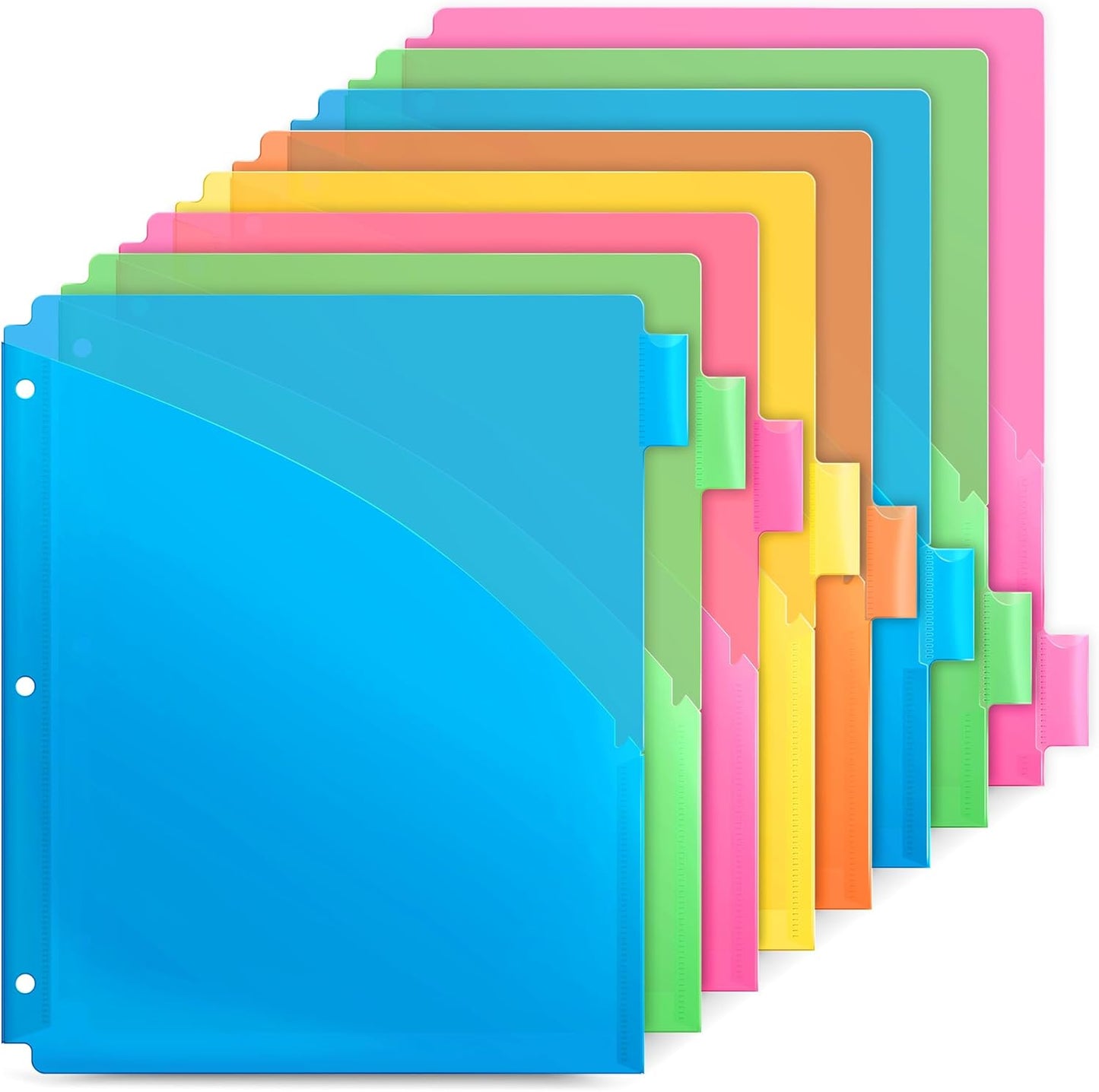 Dunwell 8-Tab Dividers with Pocket for 3-Ring Binders (3 Sets, 24 Count), Plastic One Pocket Dividers with Tabs, Slash File Jackets 3 Hole Punched for 8.5x11 Paper, Poly Pocket Notebook Dividers