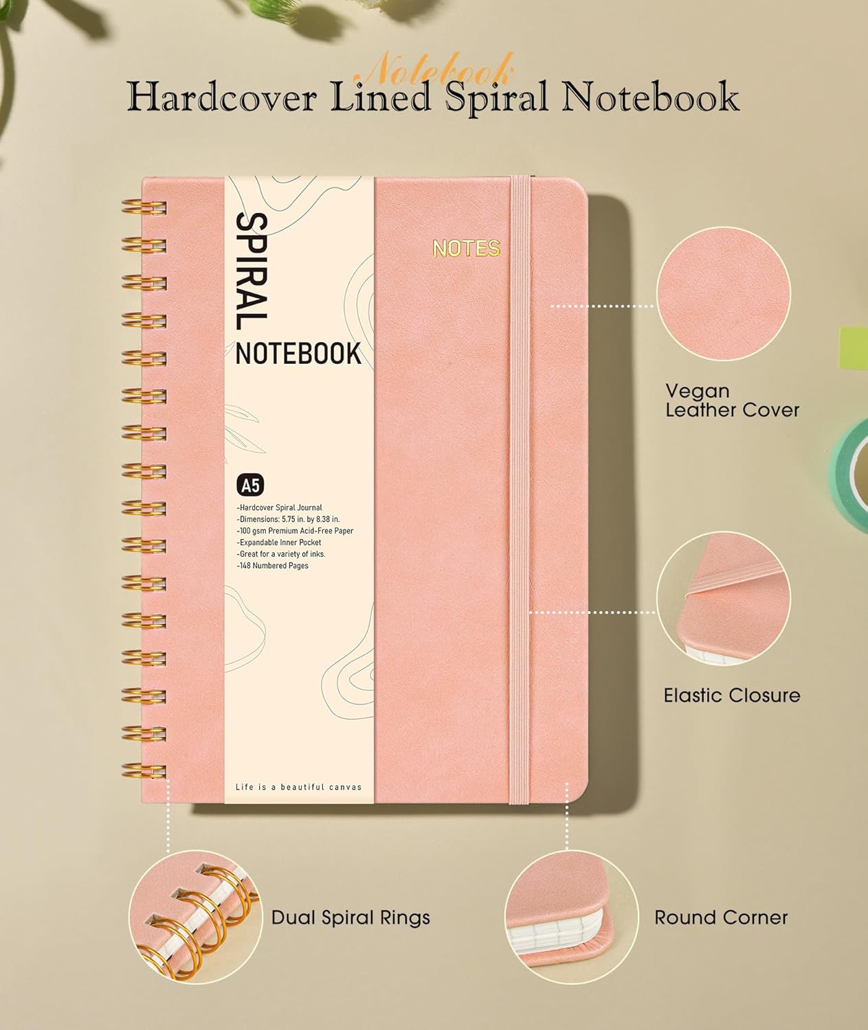 Lined Spiral Journal Notebook, A5 Hardcover Spiral Journals for Women Men, 150 Numbered Pages Spiral Bound Notebook, 100 GSM College Ruled Notebooks for Work, Note Taking 5.75" x 8.38", Olive Green