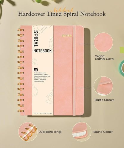 Lined Spiral Journal Notebook, A5 Hardcover Spiral Journals for Women Men, 150 Numbered Pages Spiral Bound Notebook, 100 GSM College Ruled Notebooks for Work, Note Taking 5.75" x 8.38", Olive Green
