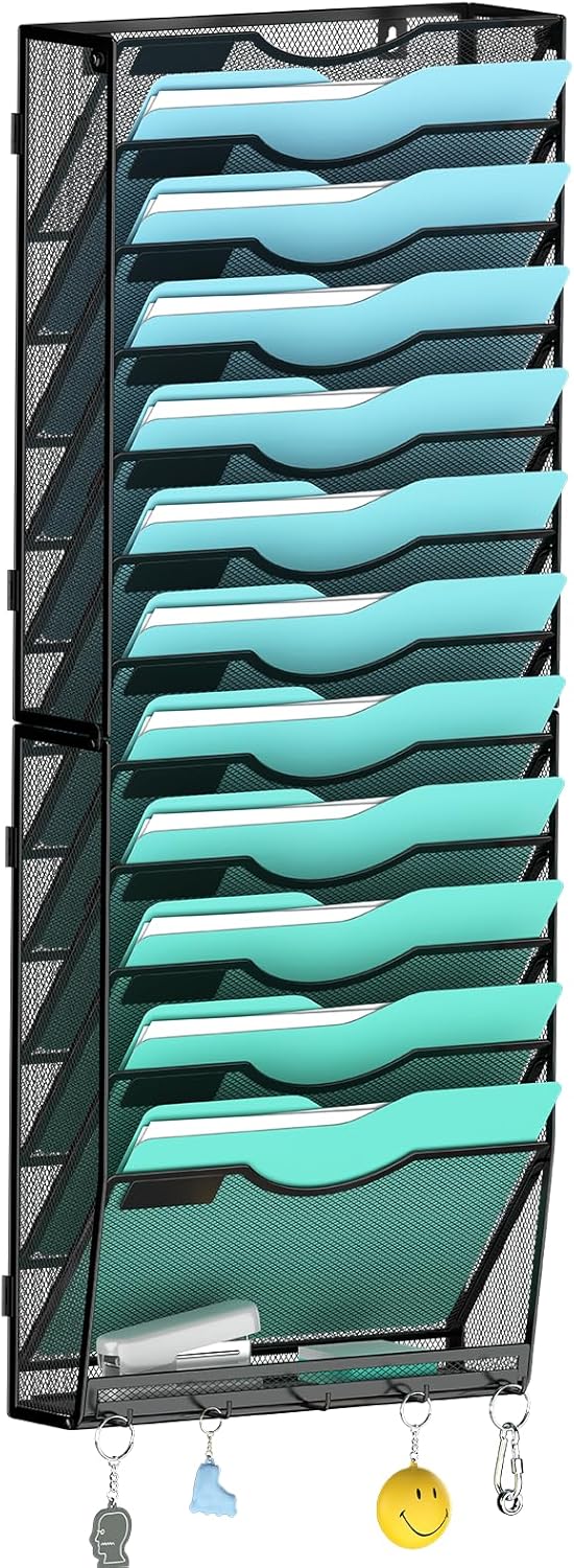 Gawerk 10-Tier Wall File Organizer Hanging Wall File Holder Wall Mount Paper Folder Organize, Mesh Magazine Document Mail Organizer Wall Organizer for Office School Home, Black