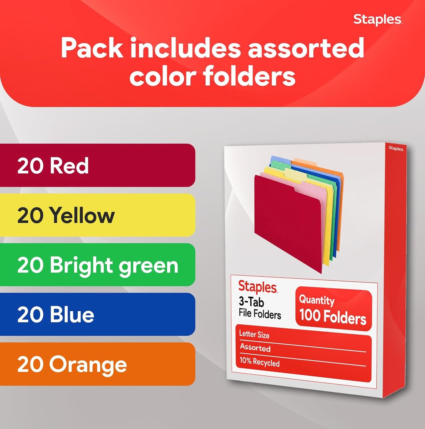 Staples File Folders, Letter Size, 1/3‑Cut Tabs, Purple, Durable 10.5‑Point Paper Stock, 100/Pack