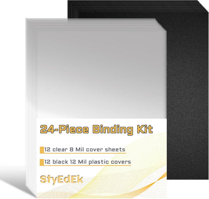 24 Pack 8.5 x 11 Inches PVC Clear Binding Covers and Backs Set,12 Pack 8 Mil Cover Sheets, 12 Pack 12mil Black Plastic Covers, Clear Report Covers for Binding, Letter Size