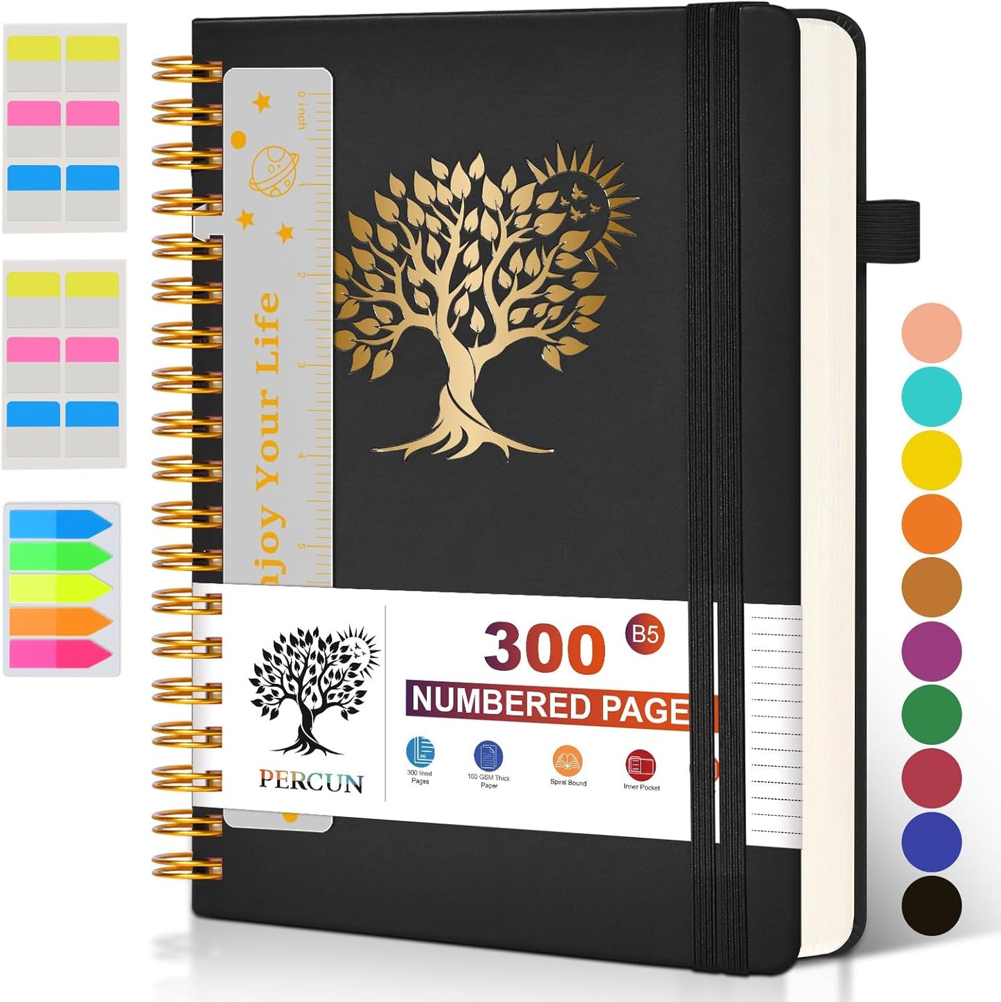 Spiral Notebook Journal for Women Men, 300 Numbered Lined Pages, College Ruled, A5 Hardcover Spiral Bound Notebook for School, Work, Note Taking Writing, Leather Spiral Journal Medium 5.9"x8.5"