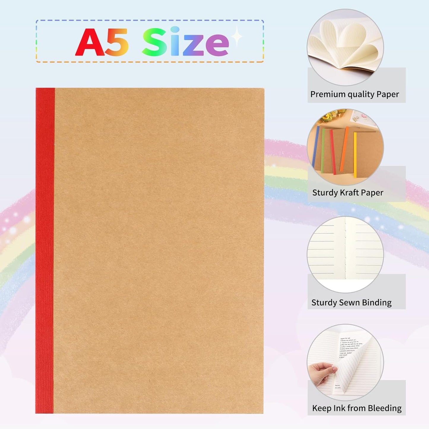 EOOUT 5 Pack A5 Composition Notebook, Kraft Lined Journal Bulk with Pink Spine, 5 Colors, 60 Pages for Women Girls Kids, School Office Supplies