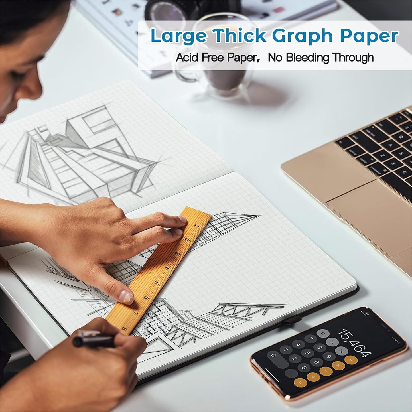 Graph Paper Notebook, Hardcover Notebook 8.5 x 11, Grid Notebook Journal for Women, Men, Large Leather Journals for Writing, Thick Paper, A4 Notebooks for Work, School Supplies, Engineering Brown