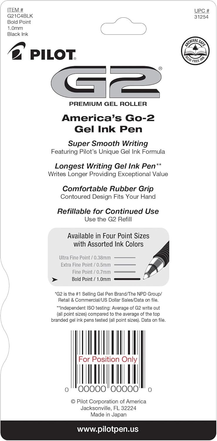 PILOT G2 Premium Refillable and Retractable Rolling Ball Gel Pens, Bold Point, Black Ink, 4-Pack (31254)