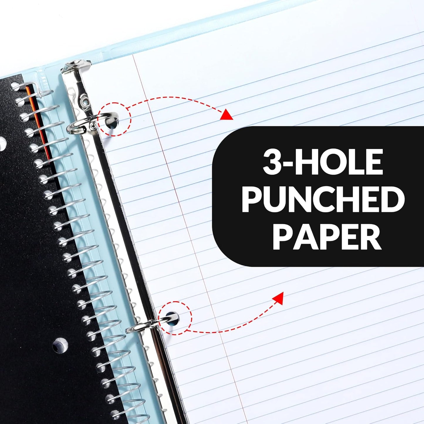 SUNEE 5 Subject Graph Paper Notebook - 400 Pages, 9"x11", 4x4 Graph Ruled Notebook, 5 Pocket Colored Dividers, 3-Hole Punched Paper, Black