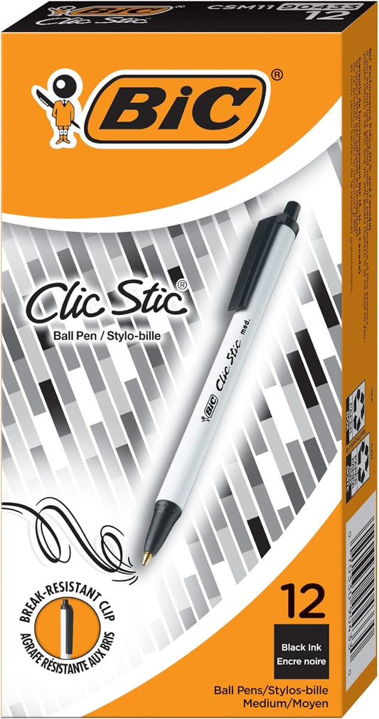 BIC Clic Stic Black Retractable Ballpoint Pens, Medium Point (1.0mm), 24-Count Pack, Round Barrel Design for Comfortable Writing