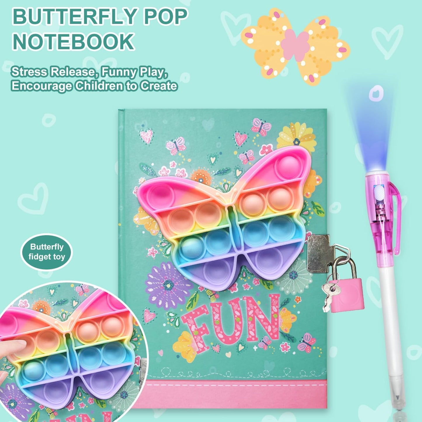 Pop Girls Diary with Lock and Invisible Ink Double-end Pen, 7.5x5.4” 160 Lined Page Fidget Colorful Heart Girls Journal for Kids Secret Notebook Pen Set Birthday Gifts for Girls 5 6 7 8 9 10 Years Old