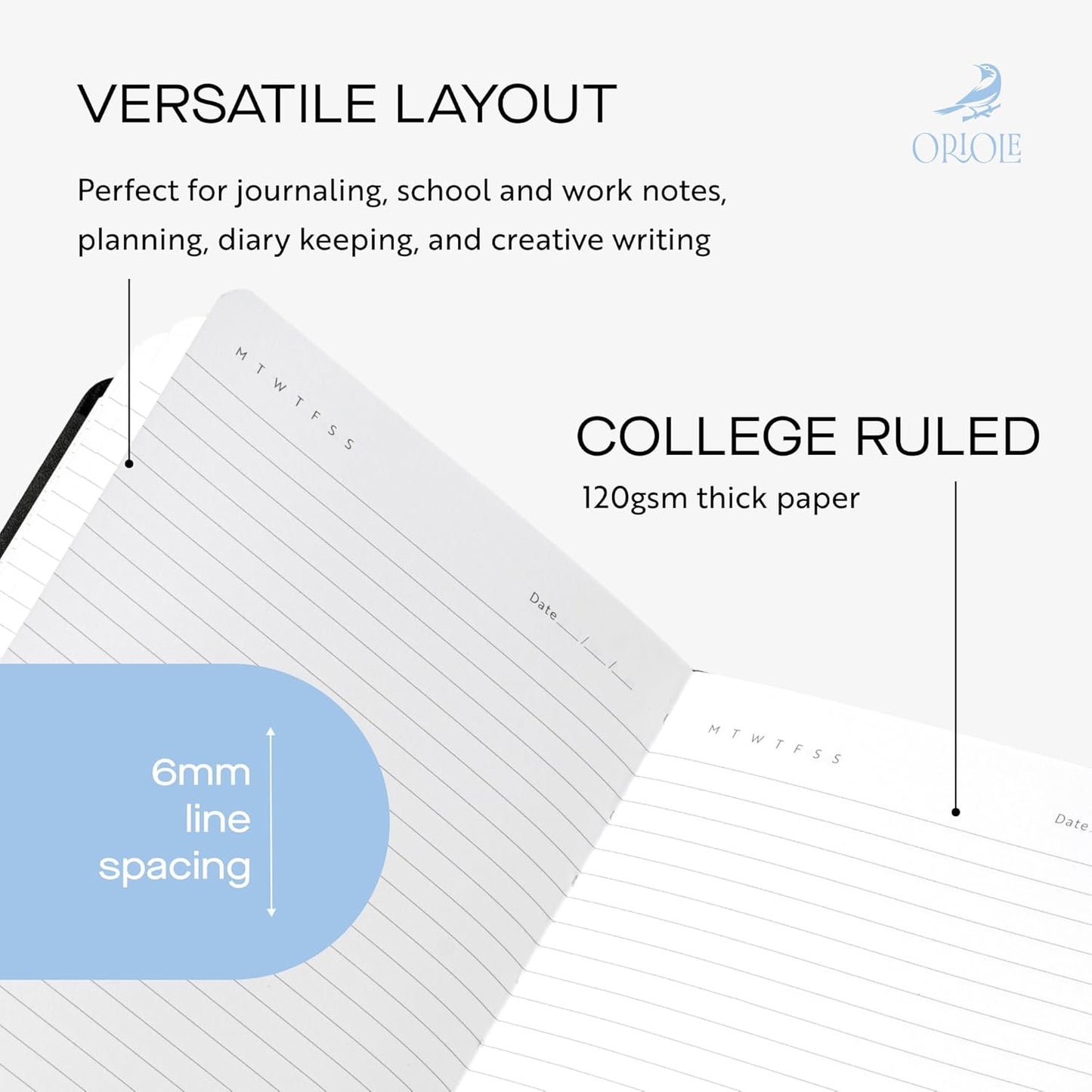 Oriole Vegan Leather Ruled Notebook - Chestnut Brown | 176 Pages of Thick Lined Paper | Soft Touch Hardcover Journal (5 x 8 in) with Gold Foil Bird Design & Luxury Gift Box