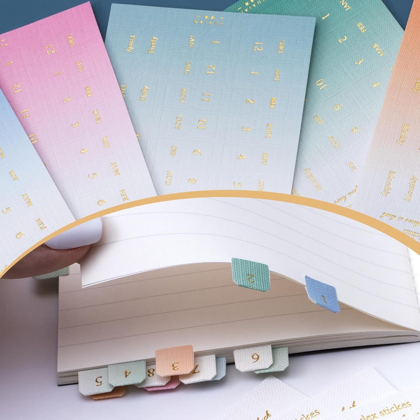 OIIKI 180pcs Planner Monthly Tabs, Self-Adhesive Index Tabs Stickers, Gradient Sticky Page Markers Labels for Document Notebooks Books Project Binders Office- 5 Colors(D Style)
