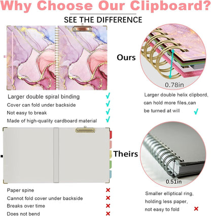Clipboard Folio with Refillable Notepads, Marble Clipfolio with 5 Dividers with 10 Pockets, Spiral Clipboard Folder Design for School, Office, Work, Teacher, Students, Nurses (Pink, 9.4 x 12.8)