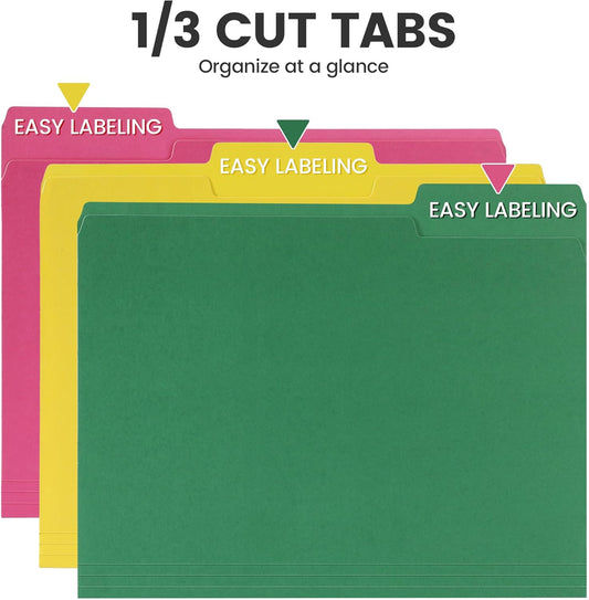 Colored File Folders 8 Packs, Letter Size, 1/3 Cut Tab. Chromatic Manila Folders 8.5 x 11 for Documents, File Folders with Foldable Lines for Easy Storage, Carpetas para Documentos for Office, School