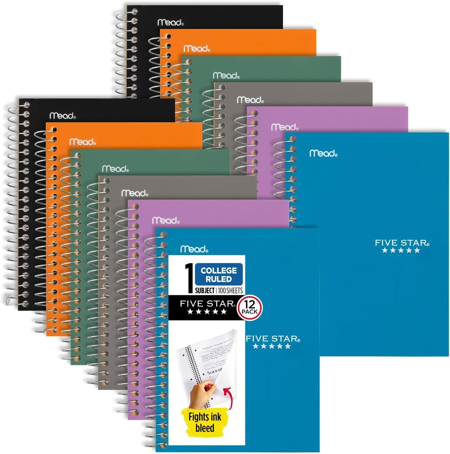 Five Star Spiral Notebooks, 12 Pack, 1 Subject, College Ruled Paper, 7" x 4 -/8", Personal Size, 80 Sheets, Purple, Orange, Green, Blue, Gray, Black (450048B-ECM)