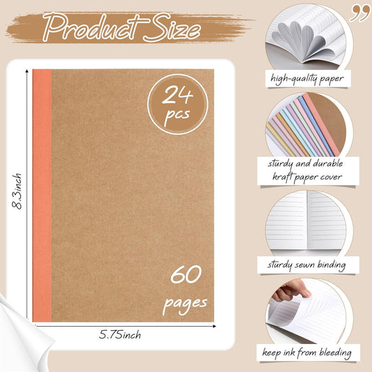Harloon A5 Composition Notebook Journals 8 x 5.75 in College Ruled Kraft Notebooks with Rainbow Spines Small Lined Composition Book for Office Home(Bright Color,24 Pcs)