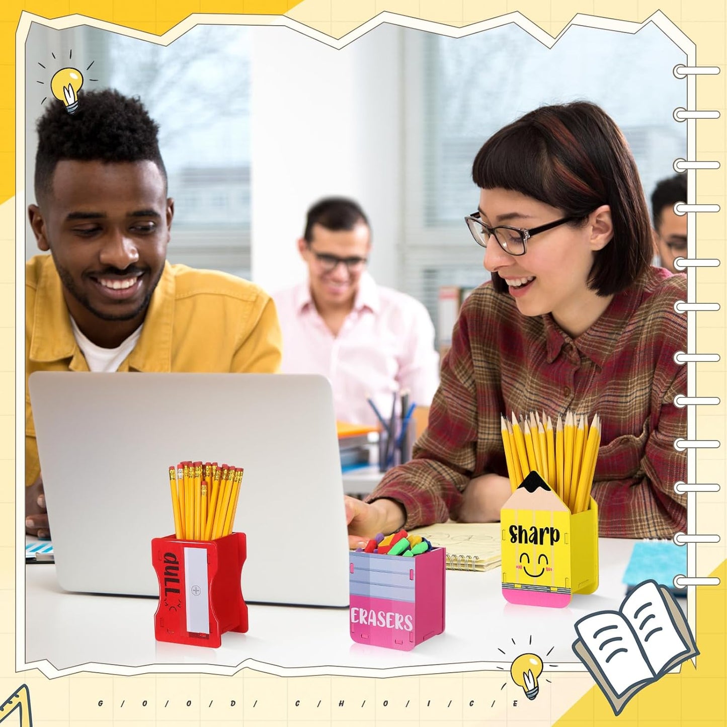 AmazingSpark 3 Pcs Pencil Shaped Holder Sharp and Eraser and Dull Holder Wooden Dispenser Pencil Storage Organizer for Back to School Management Organization (Classic)