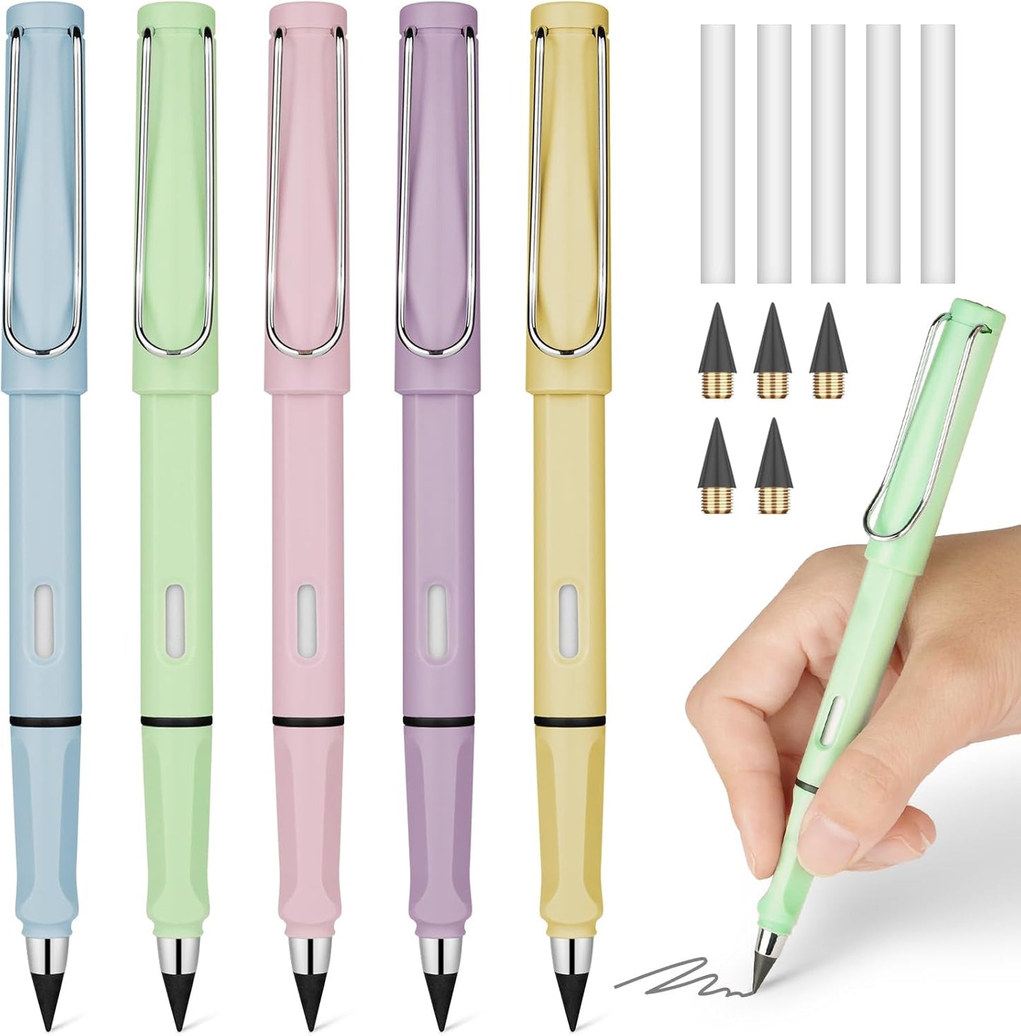 Ainiv Inkless Pencil with Eraser - 5 Sets Infinity Pencil, Reusable with Extra 5 Eraser & 5 Replaceable Nibs for Home, Office & School Writing, Drawing