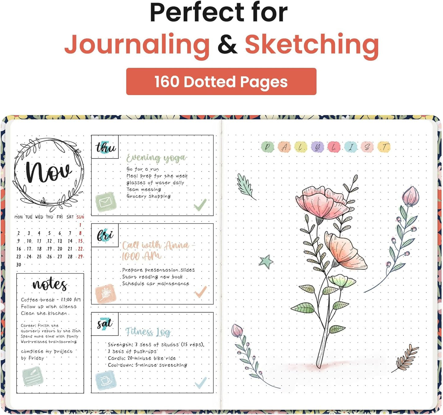 Taja Pretty Lined Journal for Women, Aesthetic Cute Hardcover Leather Journal for Writing, A5 College Ruled Notebook for Work & Note Taking, Perfect for Office School Home, 160 Pages, Meadow Flowers