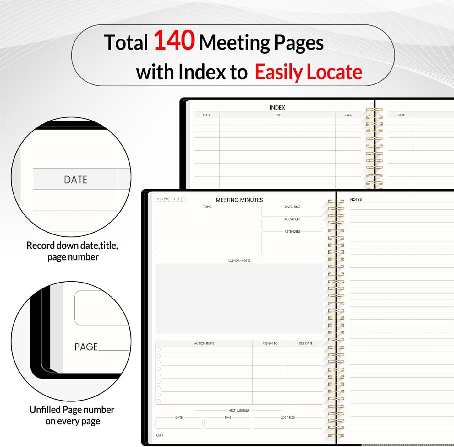 SUNEE Half Meeting Half Note 7"x10" Notebook for Work – 140 Pages, B5 Size Project Planner for Women&Men, Minutes Organizer for Meeting Notes, Ideas for Office/Business, PVC Waterproof Cover, Black