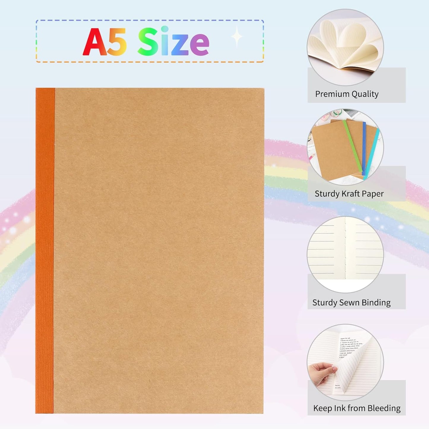 EOOUT 5 Pack A5 Composition Notebook, Kraft Lined Journal Bulk with Pink Spine, 5 Colors, 60 Pages for Women Girls Kids, School Office Supplies