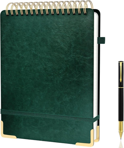 A5 Top Spiral Notebook, Large Leather Hardcover Top Bound Steno Pads, 240 Pages 100 gsm Thick Lined Paper Left Handed Notebook Journal for Work, School, Meeting Writing - Brown, 5.9" x 8.5"