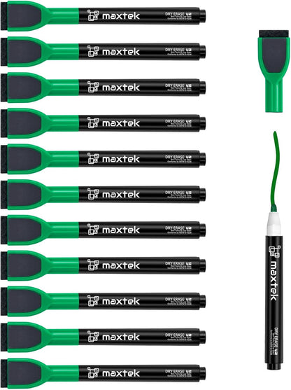 maxtek Magnetic Black Dry Erase Markers, 6 Count Fine Tip Whiteboard Markers with Eraser, Thin Markers Low Odor for Classroom, Office, Home