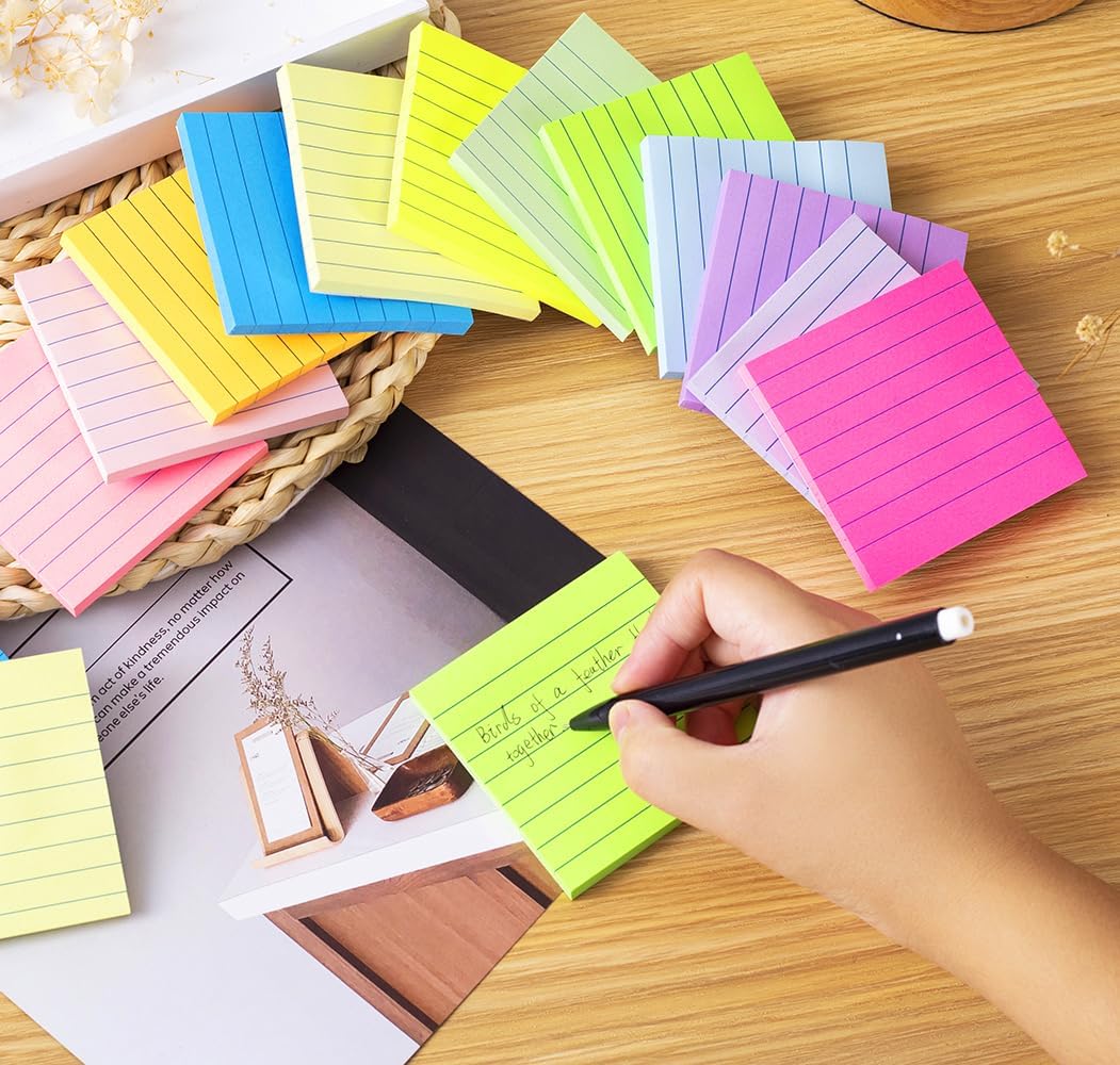 (24 Pack) Lined Sticky Notes 3x3 in,Notepads with Lines,Ruled Stickies Super Sticking Power,Office School Memo Note Pads Bright Colors,Post on Windows Doors,Recyclable,Easy to Write on