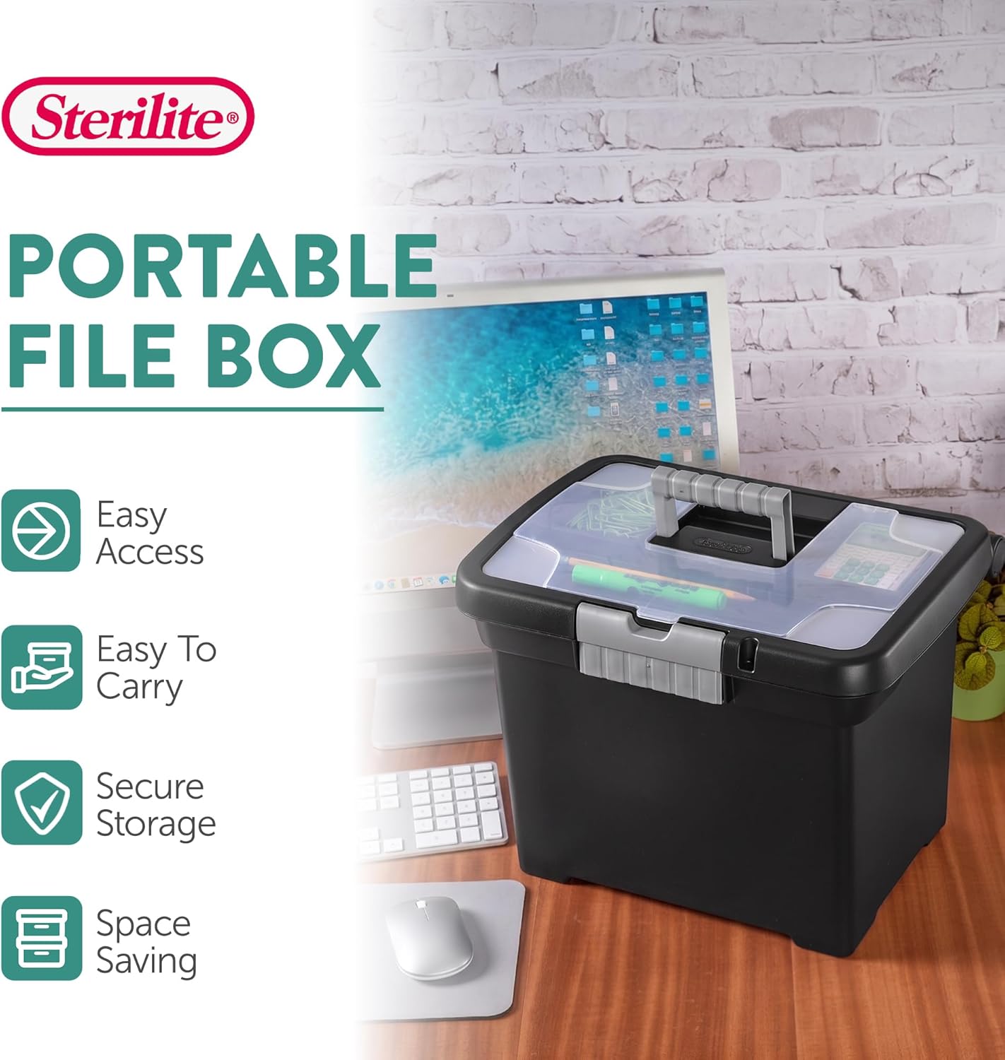 Sterilite 4-Pack Portable File Box, Stackable Container for Letter Hanging Folders, Black - Paper Document Plastic Storage Organizer with Latching Lid for Home, Office, and Dorm Organization