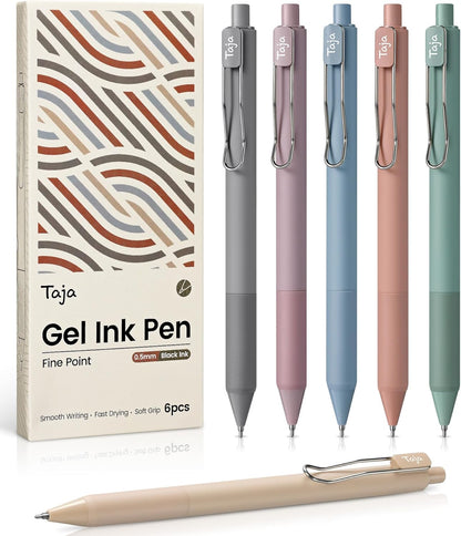 Taja Gel Pens, 6 Pcs Quick Dry Black Gel Ink Pens, 0.5mm Fine Point Smooth Writing Pens for Journaling and Note Taking, Cute Aesthetic Pens for Women & Men-Pastel