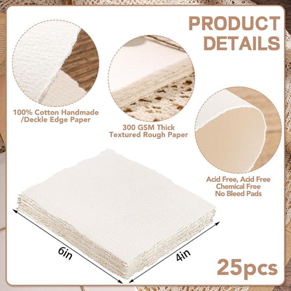 Prudiut 25 Sheets Cotton Watercolor Paper, 300 GSM Deckled Edge, 5 x 7 inch, Rough/Textured, White, for Watercolors, Wedding Invitations, Cards, Crafts