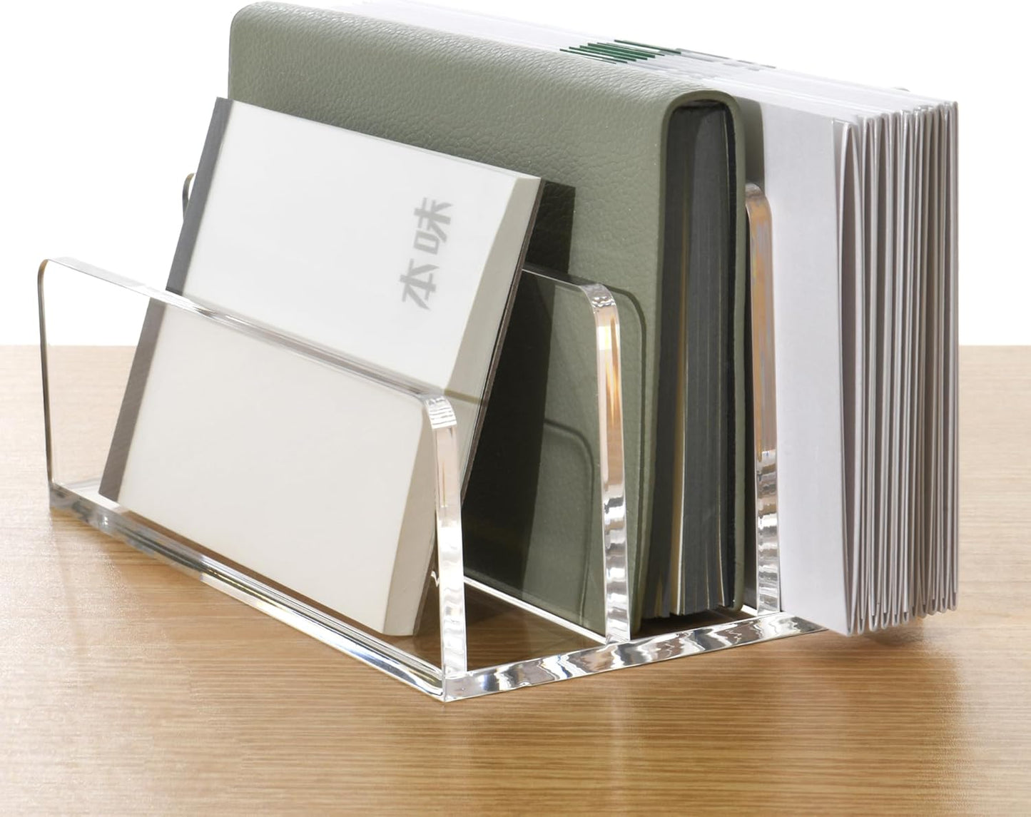 5 Compartments Clear Acrylic Mail Holder – Vertical Letter Sorter & Multifunction Desk Organizer for Bills, Documents, Notebooks – Modern Office/Home Envelope File Rack