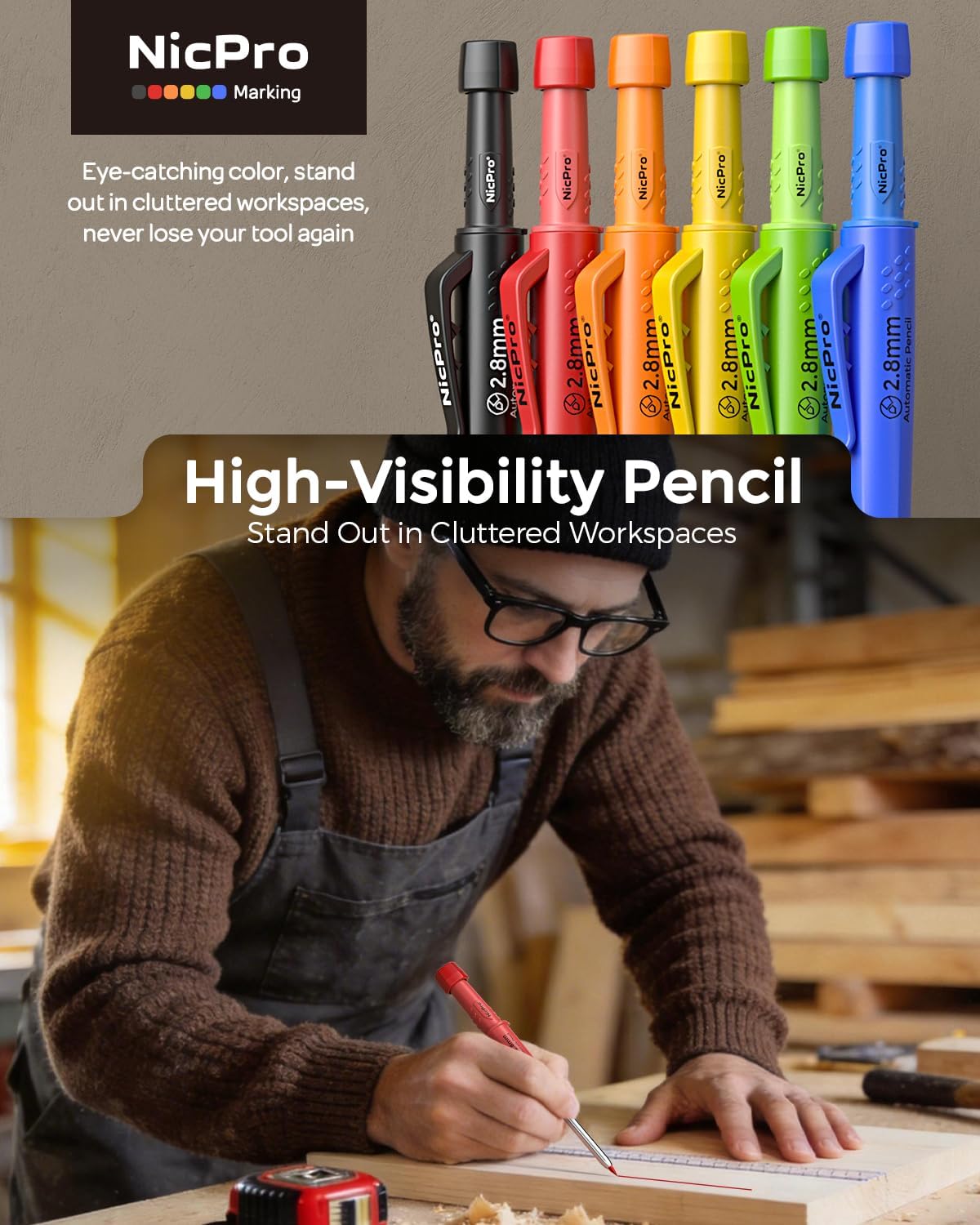 Nicpro 6 Pack CP3000 Carpenter Pencils with Sharpener, Mechanical Pencil Set with 78 Refill, Heavy Duty Construction Pencil, Carpenter Tools for Architect Marking (Red,Black,Yellow,Orange,Green,Blue)