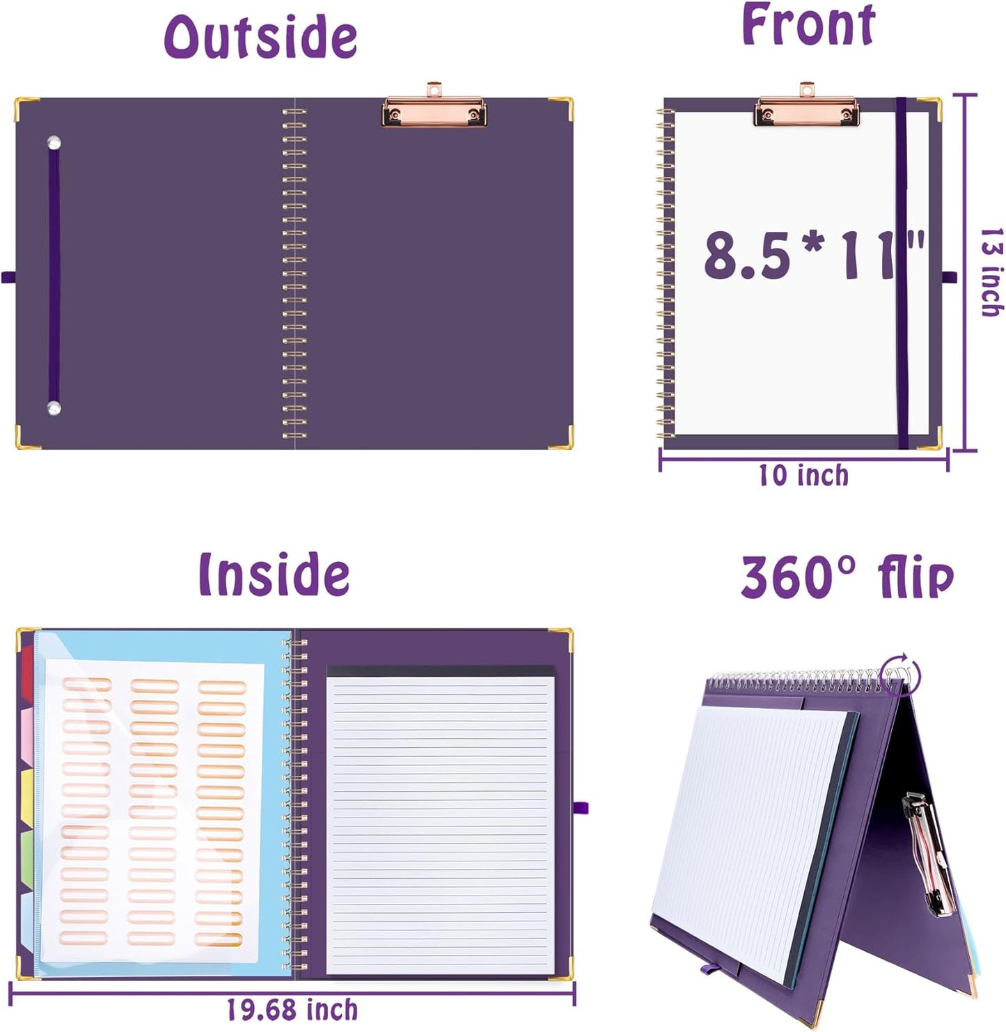 HAUTOCO Clipboard Folio with Refillable Notepad for Letter Size (11" x 8.5"), 5 Dividers with 10 Pockets, Elastic Pen Holder and File Folder Labels, Spiral Nurse Clipboard Artboard(Green)