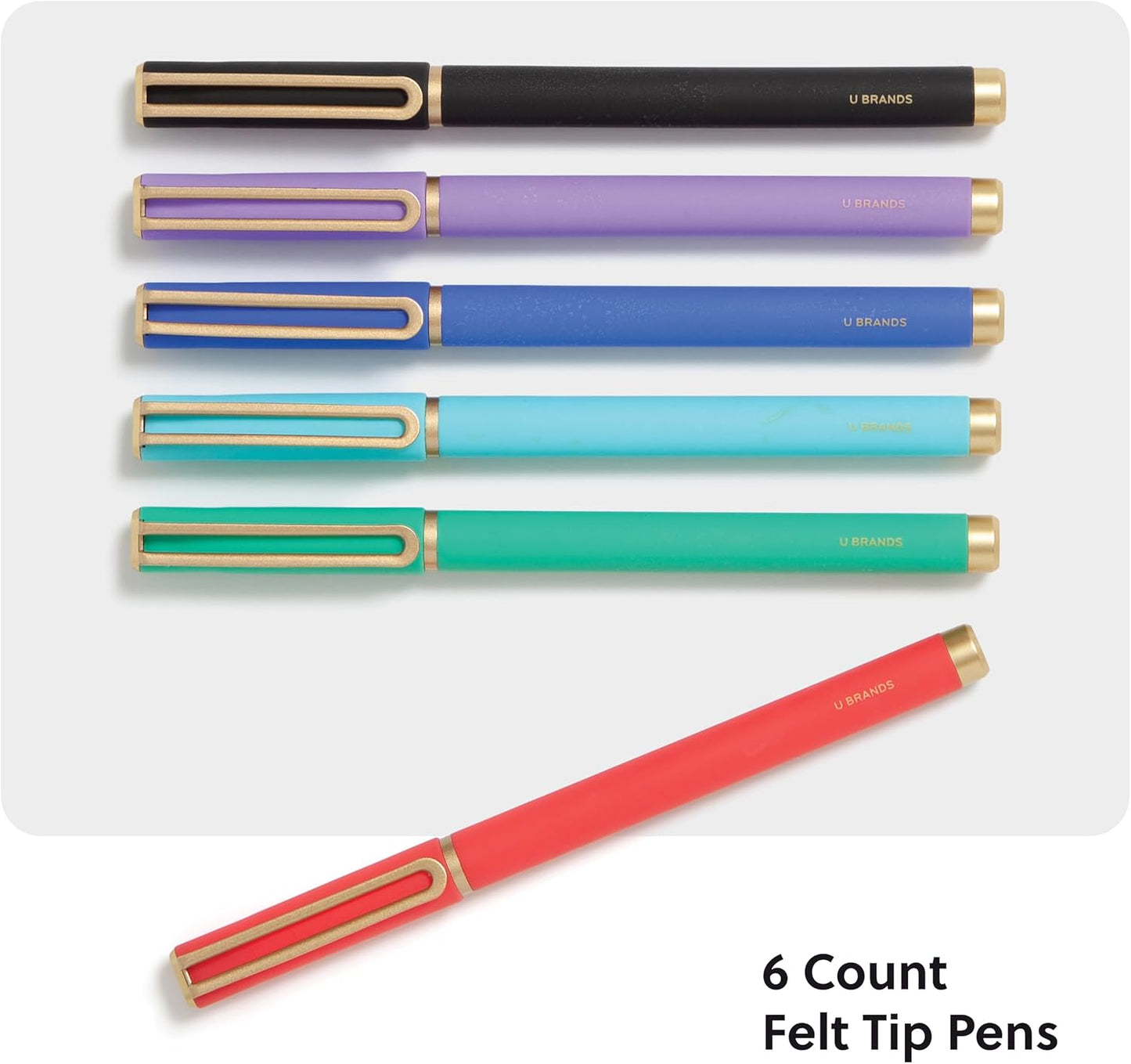 U Brands Catalina Felt Tip Pens, Set of 6 Black Ink Pens, Soft Touch Jewel Tones, Gold Details, Medium (0.7 mm) Point