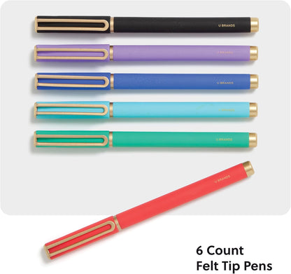 U Brands Catalina Felt Tip Pens, Set of 6 Black Ink Pens, Soft Touch Jewel Tones, Gold Details, Medium (0.7 mm) Point
