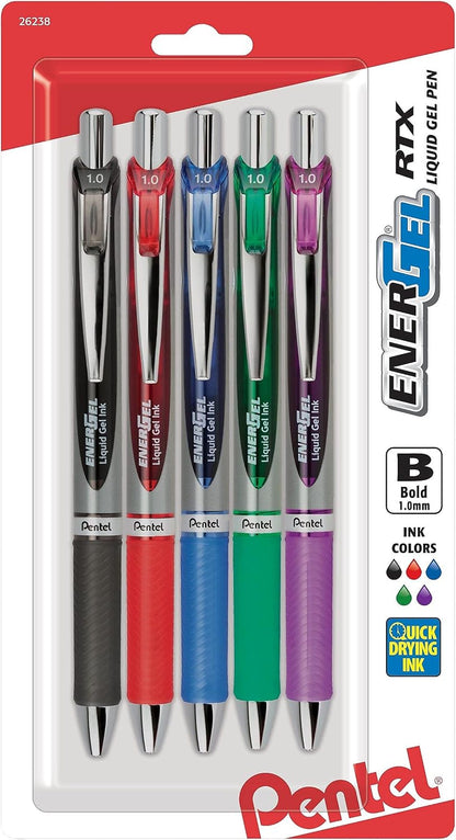 Pentel EnerGel RTX Retractable Liquid Gel Pen, (1.0mm), Bold Line, Metal Tip, Black Ink, Pack of 3 (BL80BP3A)