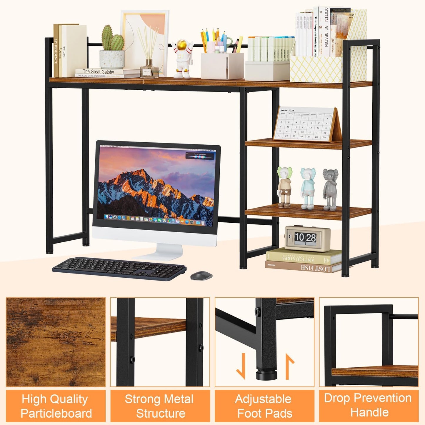 Snughome Desk Shelf, 38.6" Desktop Organizer Shelf, Desk Hutch for Computer Monitor, 4 Tier Desk Display Rack, Wood Desktop Bookshelf Storage Rack for Home Office Dorm, Rustic Brown | Desk Hutch, Computer Monitor, Desktop Display Rack, Home Office Dorm
