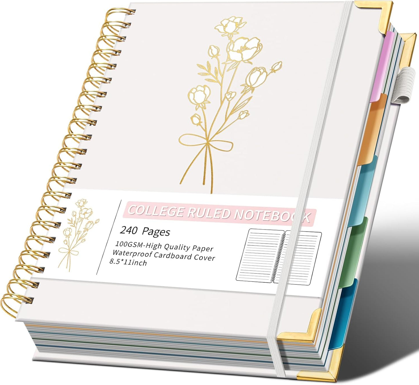 Hardcover Spiral Notebooks 8.5" X 11" Note Taking 5 Subject Notebook College Ruled with Dividers 240 Pages 100GSM Aesthetic Spiral Notebook for Work School Cute Journals for Women Writing