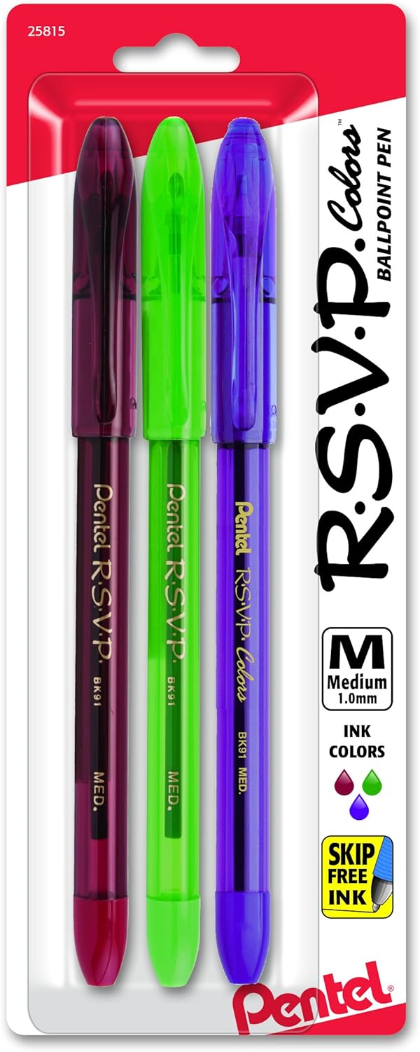 Pentel R.S.V.P. Colors Ballpoint Pen, 1.0mm, Medium Line, Violet Ink, 5 Pack (BK91CRBP5V), Black