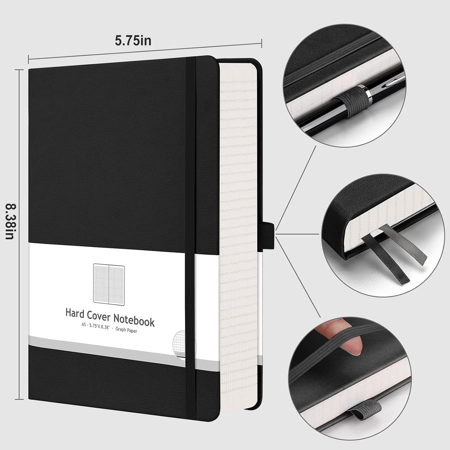 AHGXG Graph Paper Notebook - Grid Paper Notebook Large A4 8.5''×11'', 320 Pages Thick Journal, 100gsm Thick Graph Paper, Leather Softcover, Inner Pocket - Black