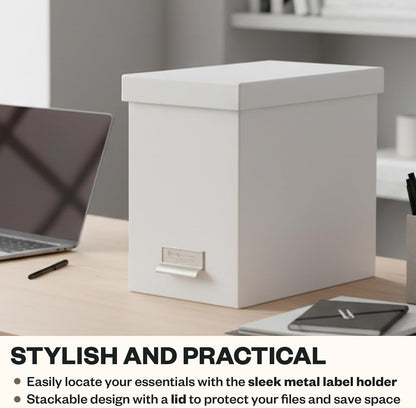 Bigso John Fiberboard Label Frame Desktop File Storage Box - Document Organizer for Important Paperwork - Durable Hanging File Box with a Lid & Metal Label Window - 7.36 x 13.38 x 10.51 in - White