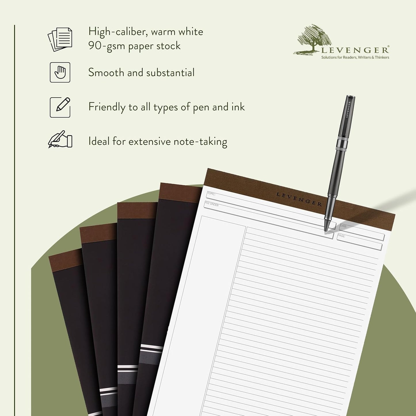 Levenger Freeleaf Annotation Ruled Writing Pads Lined Notepad, Compatible with Cornell Note-Taking System, Pack of 5, White, Letter
