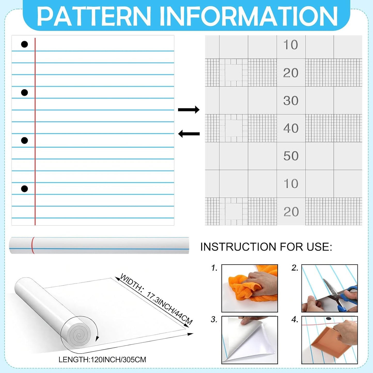 Drydiet Composition Notebook Bulletin Board Roll 1. 4 x 10 Ft/ 17 x 120 Inches, Peel and Stick Composition Classroom Decor, Back to School Black and White Bulletin Board Paper Background Waterproof