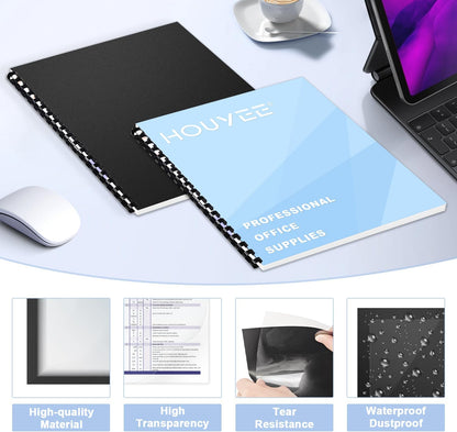 HOUYEE 120 Pack Binding Covers and Backs Set, 8.5x11 Inches, Including 60 Pcs 10 Mil Clear Binding Covers, 60 Pcs 12 Mil Black Plastic Sand Texture Polycovers, Letter Size