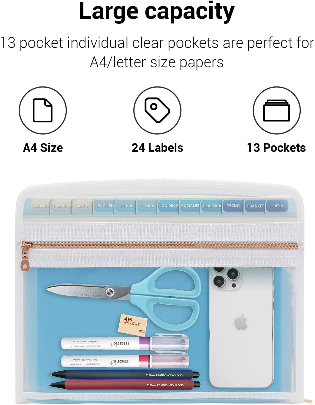 Mukawa 13 Pocket Zippered Expanding File Folder, Accordion File Organizer for Documents Letter Size A4 Papers (Pink)