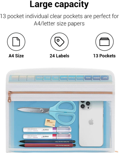 Mukawa 13 Pocket Zippered Expanding File Folder, Accordion File Organizer for Documents Letter Size A4 Papers (Pink)